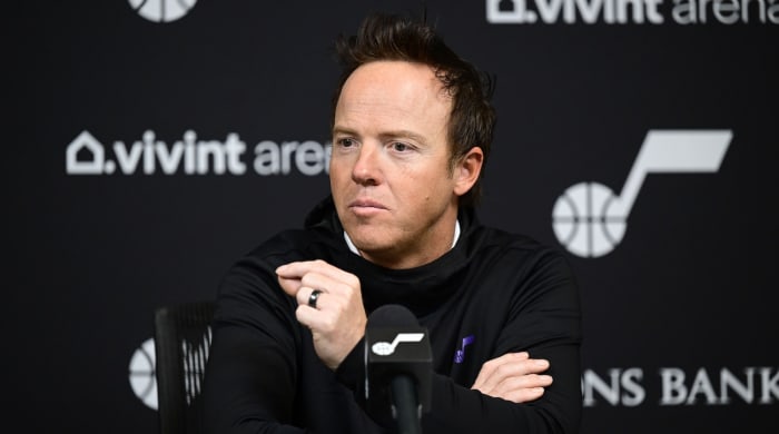 Feb 6, 2023; Salt Lake City, UT, USA; Utah Jazz owner Ryan Smith speaks about the NBA All-Star availability in Utah at Vivint Arena. Mandatory Credit: Christopher Creveling-USA TODAY Sports